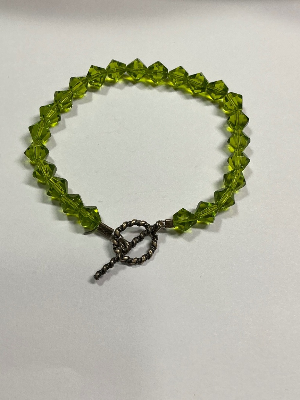 Vintage Sterling Silver Toggle Clasp Lime Green Beaded Bracelet. 7” long